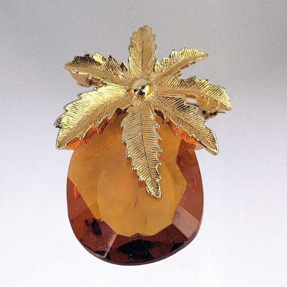 Vtg SARAH COVENTRY Large Amber Color Glass Stone Pineapple Pendant Brooch Pin - Picture 1 of 12